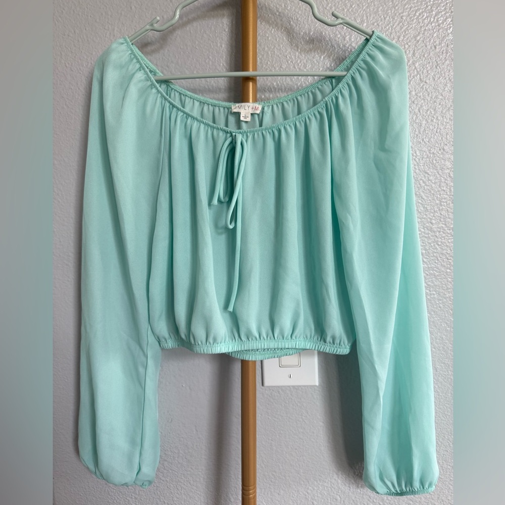 Emily+M teal/mint green Long Sleeve Tie Front Crop Blouse size large